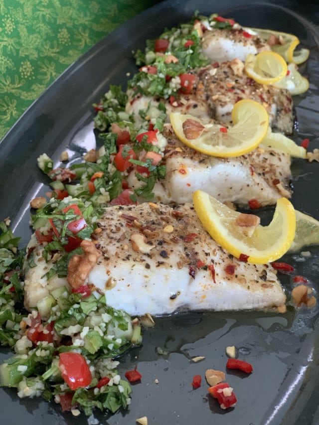 Kühlbarra: Spiced Baked Barramundi with Coriander and Smoked Walnut Tabouli